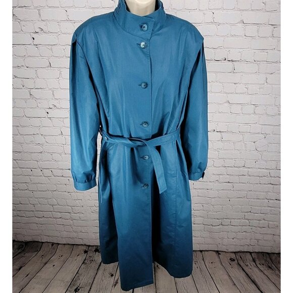 VTG London Fog Maincoats Blue Belt Thinsulate Zip Liner Overcoat Trench USA 14R - Picture 1 of 16